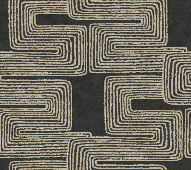 Zulu Thread Black & Gold Wallpaper by York Wallcoverings Designer Artistic Abstracts Covers about 60.8 square feet 27-in by 27-ft long roll Unpasted 24 - Swanky Fabrics - Zulu Thread Black & Gold Wallpaper by York Wallcoverings Designer Artistic Abstracts Covers about 60.8 square feet 27-in by 27-ft long roll Unpasted 24 - Swanky Fabrics -