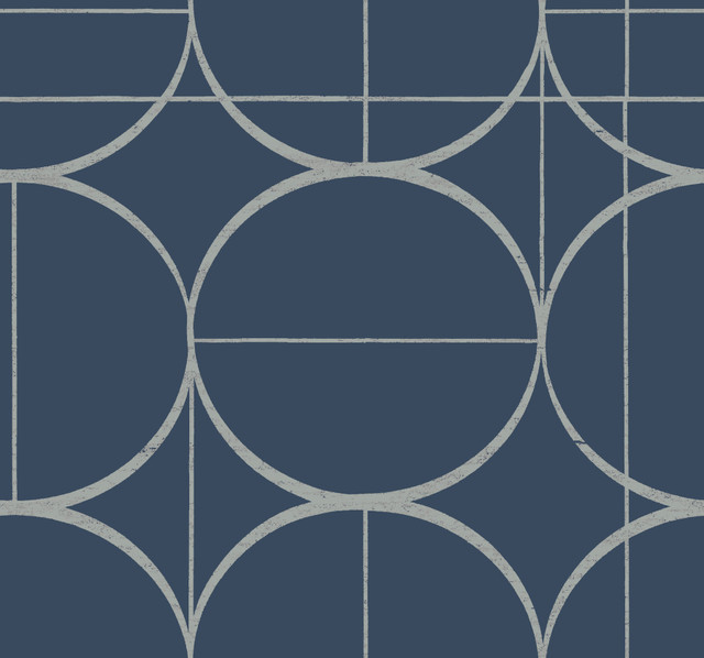 Sun Circles Blue & Silver Wallpaper by Antonina Vella Designer Antonina Vella Modern Metals Second Edition Covers about 60.5 square feet 27-in by 26.9-ft long roll Unpasted 25.2 - Swanky Fabrics - Sun Circles Blue & Silver Wallpaper by Antonina Vella Designer Antonina Vella Modern Metals Second Edition Covers about 60.5 square feet 27-in by 26.9-ft long roll Unpasted 25.2 - Swanky Fabrics -