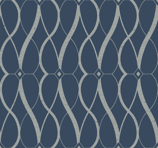 Graceful Geo Navy & Silver Wallpaper by Antonina Vella Designer Antonina Vella Modern Metals Second Edition Covers about 60.5 square feet 27-in by 26.9-ft long roll Unpasted 25.2 - Swanky Fabrics -