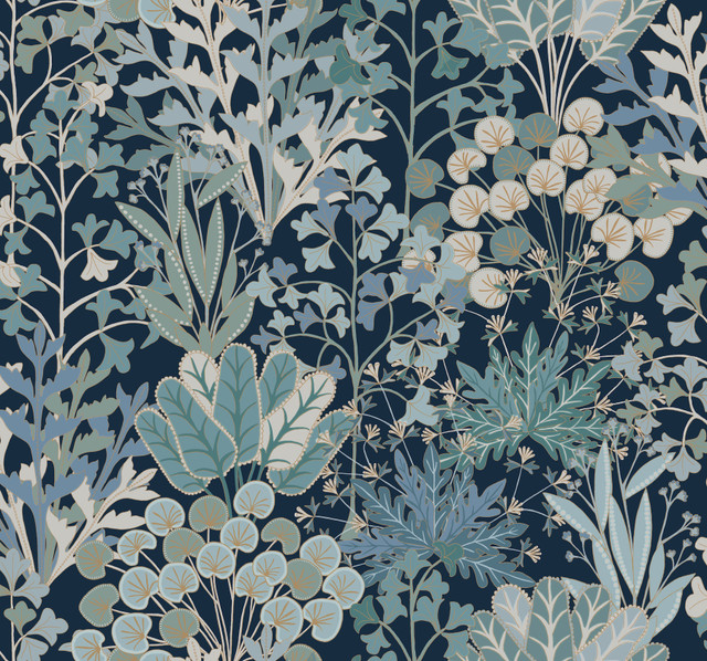 Forest Floor Navy Wallpaper by York Wallcoverings Designer Blooms Covers about 60.8 square feet 27-in by 27-ft long roll Unpasted 25.25 - Swanky Fabrics -