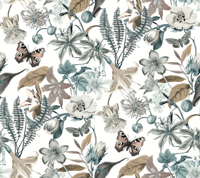 Butterfly House White & Blue Wallpaper by York Wallcoverings Designer Blooms Covers about 60.8 square feet 27-in by 27-ft long roll Unpasted 24 - Swanky Fabrics - Butterfly House White & Blue Wallpaper by York Wallcoverings Designer Blooms Covers about 60.8 square feet 27-in by 27-ft long roll Unpasted 24 - Swanky Fabrics -