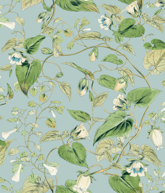 Moon Flower Sky Blue Wallpaper by York Wallcoverings Designer Blooms Covers about 56.4 square feet 20.5-in by 33-ft long roll Unpasted 24 - Swanky Fabrics - Moon Flower Sky Blue Wallpaper by York Wallcoverings Designer Blooms Covers about 56.4 square feet 20.5-in by 33-ft long roll Unpasted 24 - Swanky Fabrics -