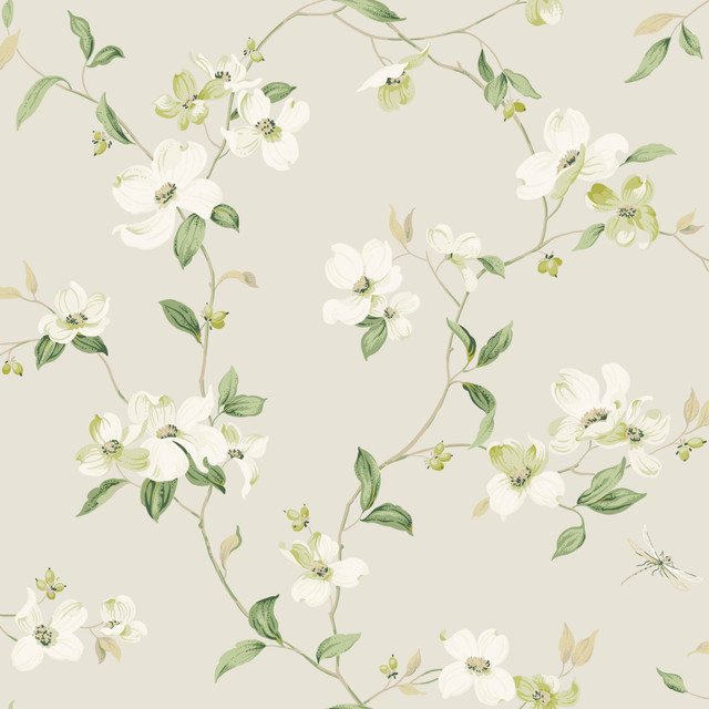 Dogwood Light Grey Wallpaper by York Wallcoverings Designer Blooms Covers about 56.4 square feet 20.5-in by 33-ft long roll Unpasted 10.25 - Swanky Fabrics -