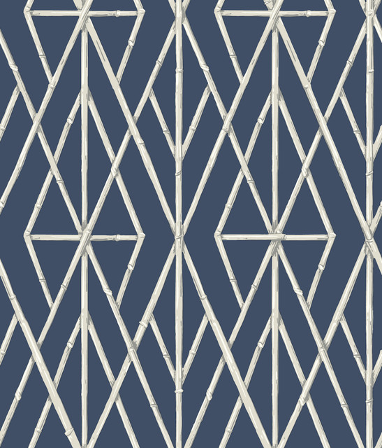 Riviera Bamboo Trellis Navy Wallpaper by York Wallcoverings Designer Water's Edge Resource Library Covers about 56.4 square feet 20.5-in by 33-ft long roll Prepasted 24 - Swanky Fabrics -