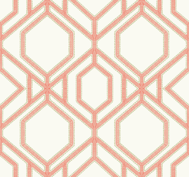 Sawgrass Trellis Coral Wallpaper by York Wallcoverings Designer Tropics Resource Library Covers about 60.8 square feet 27-in by 27-ft long roll Prepasted 25.25 - Swanky Fabrics -