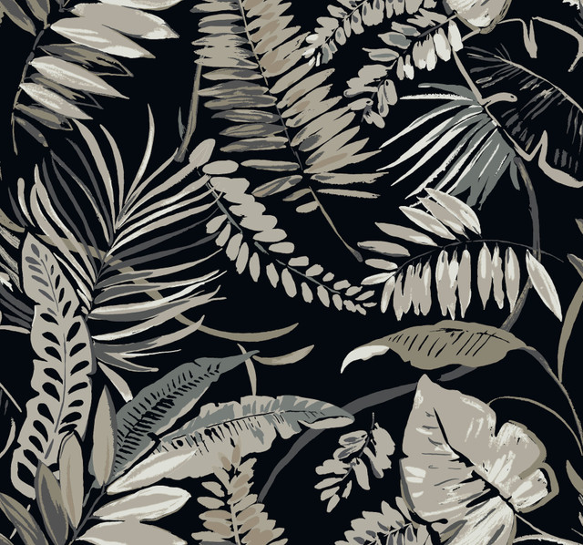 Tropical Toss Black Wallpaper by York Wallcoverings Designer Tropics Resource Library Covers about 60.8 square feet 27-in by 27-ft long roll Prepasted 25.25 - Swanky Fabrics - Tropical Toss Black Wallpaper by York Wallcoverings Designer Tropics Resource Library Covers about 60.8 square feet 27-in by 27-ft long roll Prepasted 25.25 - Swanky Fabrics -