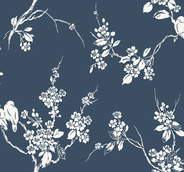 Imperial Blossoms Branch Navy Wallpaper by Inspired by Color Designer Blues II Covers about 60.8 square feet 27-in by 27-ft long roll Prepasted 25.25 - Swanky Fabrics - Imperial Blossoms Branch Navy Wallpaper by Inspired by Color Designer Blues II Covers about 60.8 square feet 27-in by 27-ft long roll Prepasted 25.25 - Swanky Fabrics -