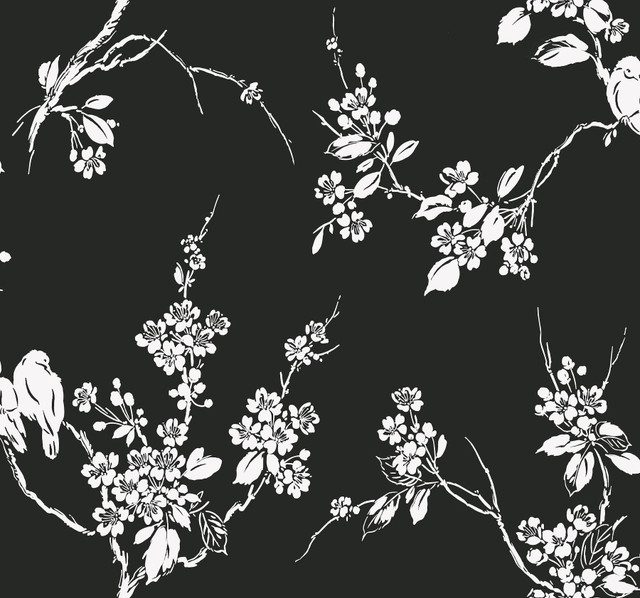 Imperial Blossoms Branch Black & White Wallpaper by Inspired by Color Designer Black & White, III Covers about 60.8 square feet 27-in by 27-ft long roll Prepasted 25.25 - Swanky Fabrics - Imperial Blossoms Branch Black & White Wallpaper by Inspired by Color Designer Black & White, III Covers about 60.8 square feet 27-in by 27-ft long roll Prepasted 25.25 - Swanky Fabrics -