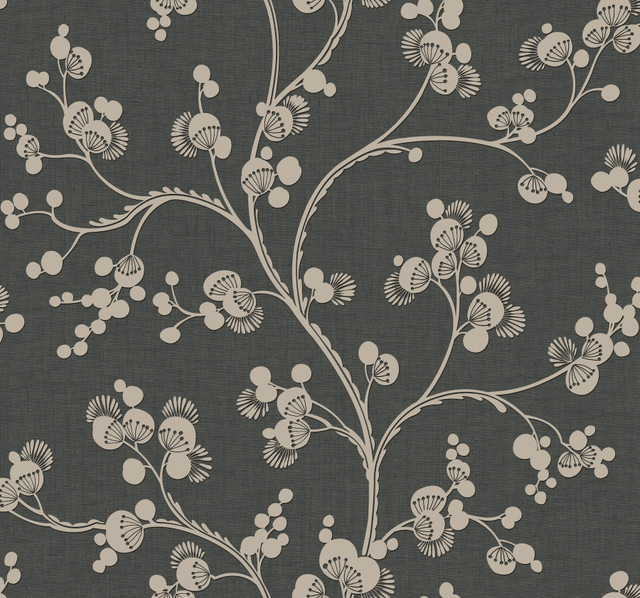 Dahlia Trail Black & Taupe Wallpaper by Inspired by Color Designer Black & White, III Covers about 60.8 square feet 27-in by 27-ft long roll Prepasted 25.25 - Swanky Fabrics -