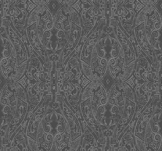 Ascot Damask Black Wallpaper by Ronald Redding Designer Traveler Covers about 60.8 square feet 27-in by 27-ft long roll Unpasted 25.25 - Swanky Fabrics -
