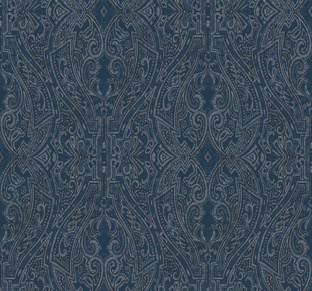 Ascot Damask Dark Blue Wallpaper by Ronald Redding Designer Traveler Covers about 60.8 square feet 27-in by 27-ft long roll Unpasted 25.25 - Swanky Fabrics -