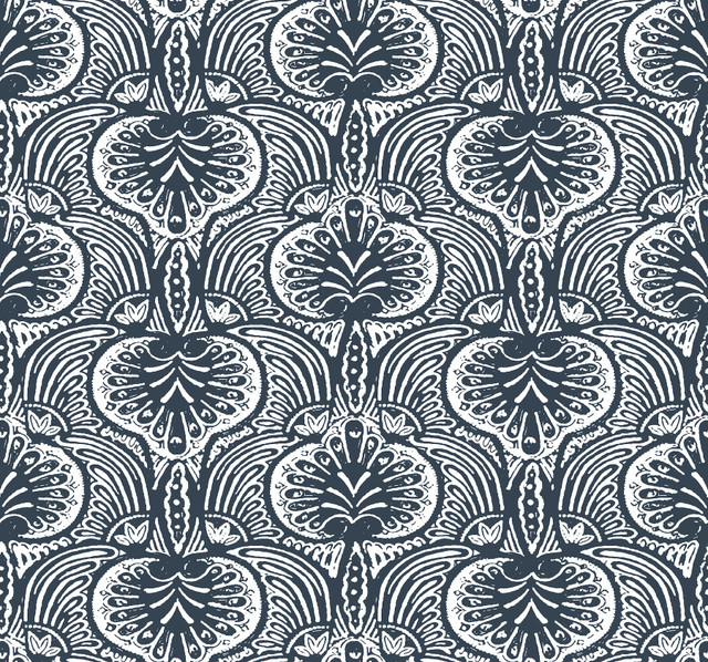 Lotus Palm Navy Wallpaper by Ronald Redding Designer Traveler Covers about 60.8 square feet 27-in by 27-ft long roll Unpasted 25.25 - Swanky Fabrics - Lotus Palm Navy Wallpaper by Ronald Redding Designer Traveler Covers about 60.8 square feet 27-in by 27-ft long roll Unpasted 25.25 - Swanky Fabrics -