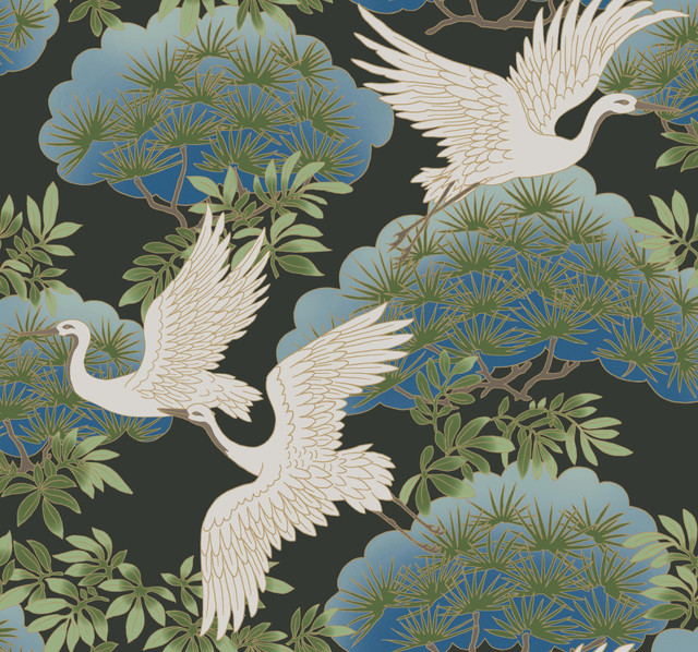 Sprig & Heron Black Wallpaper by Ronald Redding Designer Tea Garden Covers about 60.8 square feet 27-in by 27-ft long roll Unpasted 25.25 - Swanky Fabrics - Sprig & Heron Black Wallpaper by Ronald Redding Designer Tea Garden Covers about 60.8 square feet 27-in by 27-ft long roll Unpasted 25.25 - Swanky Fabrics -