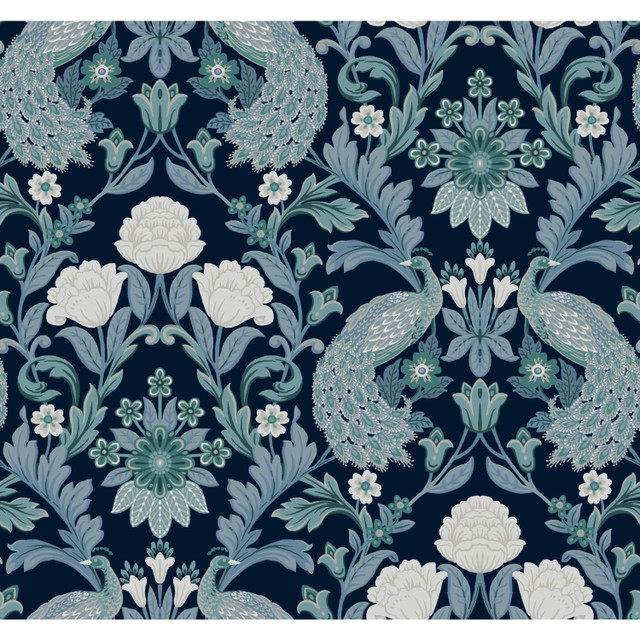 Plume Dynasty Navy Wallpaper by Ronald Redding Designer Arts and Crafts Covers about 60.8 square feet 27-in by 27-ft long roll Unpasted 25.25 - Swanky Fabrics -