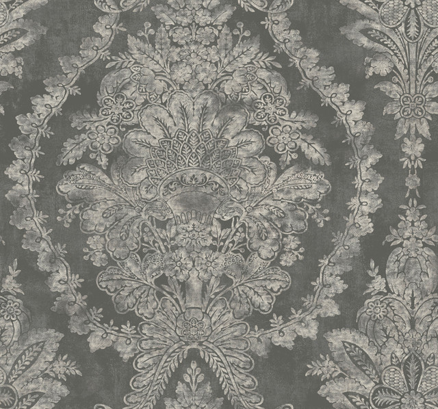 Charleston Damask Grey Wallpaper by Ronald Redding Designer 24 Karat Covers about 60.8 square feet 27-in by 27-ft long roll Unpasted 25.25 - Swanky Fabrics - Charleston Damask Grey Wallpaper by Ronald Redding Designer 24 Karat Covers about 60.8 square feet 27-in by 27-ft long roll Unpasted 25.25 - Swanky Fabrics -