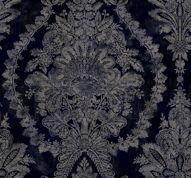Charleston Damask Navy Wallpaper by Ronald Redding Designer 24 Karat Covers about 60.8 square feet 27-in by 27-ft long roll Unpasted 25.25 - Swanky Fabrics - Charleston Damask Navy Wallpaper by Ronald Redding Designer 24 Karat Covers about 60.8 square feet 27-in by 27-ft long roll Unpasted 25.25 - Swanky Fabrics -