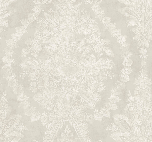Charleston Damask Cream Wallpaper by Ronald Redding Designer 24 Karat Covers about 60.8 square feet 27-in by 27-ft long roll Unpasted 25.25 - Swanky Fabrics -