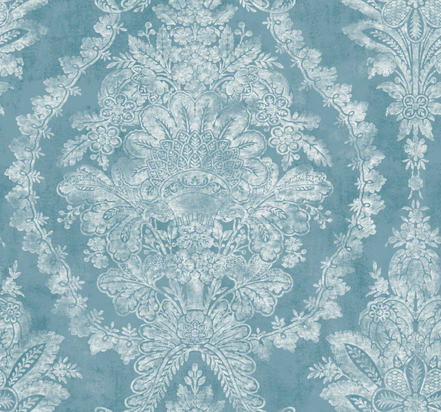 Charleston Damask Blue Wallpaper by Ronald Redding Designer 24 Karat Covers about 60.8 square feet 27-in by 27-ft long roll Unpasted 25.25 - Swanky Fabrics -