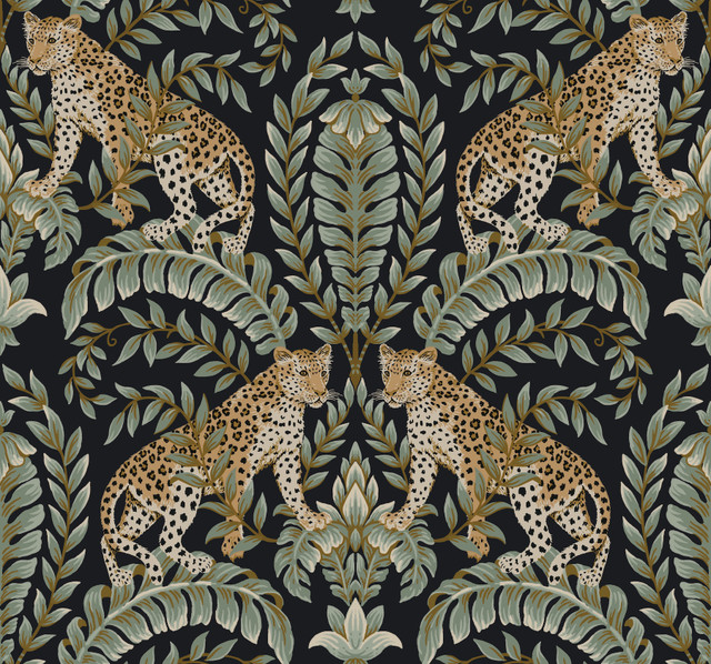 Jungle Leopard Black & Green Wallpaper by Ronald Redding Designer 24 Karat Covers about 60.8 square feet 27-in by 27-ft long roll Unpasted 25.25 - Swanky Fabrics - Jungle Leopard Black & Green Wallpaper by Ronald Redding Designer 24 Karat Covers about 60.8 square feet 27-in by 27-ft long roll Unpasted 25.25 - Swanky Fabrics -