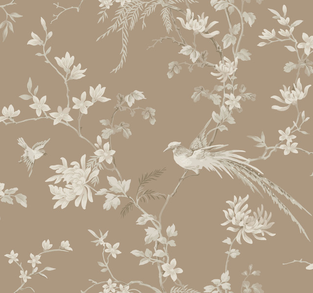 Bird & Blossom Chinoserie Brown Wallpaper by Ronald Redding Designer 24 Karat Covers about 60.8 square feet 27-in by 27-ft long roll Unpasted 25.25 - Swanky Fabrics -