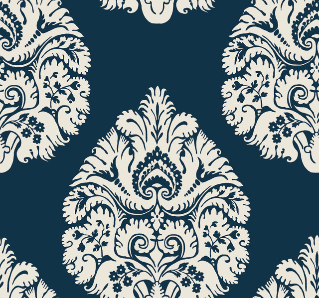 Teardrop Damask Navy Wallpaper by Ronald Redding Designer 24 Karat Covers about 60.8 square feet 27-in by 27-ft long roll Unpasted 25.25 - Swanky Fabrics - Teardrop Damask Navy Wallpaper by Ronald Redding Designer 24 Karat Covers about 60.8 square feet 27-in by 27-ft long roll Unpasted 25.25 - Swanky Fabrics -