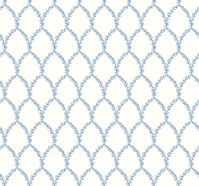 Laurel Blue & White Wallpaper by Rifle Paper Co. Designer Rifle Paper Co. Covers about 60.8 square feet 27-in by 27-ft long roll Unpasted 25.25 - Swanky Fabrics -