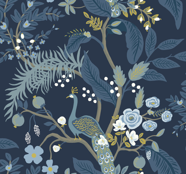 Peacock Navy Wallpaper by Rifle Paper Co. Designer Rifle Paper Co. Covers about 60.8 square feet 27-in by 27-ft long roll Unpasted 25.25 - Swanky Fabrics - Peacock Navy Wallpaper by Rifle Paper Co. Designer Rifle Paper Co. Covers about 60.8 square feet 27-in by 27-ft long roll Unpasted 25.25 - Swanky Fabrics -
