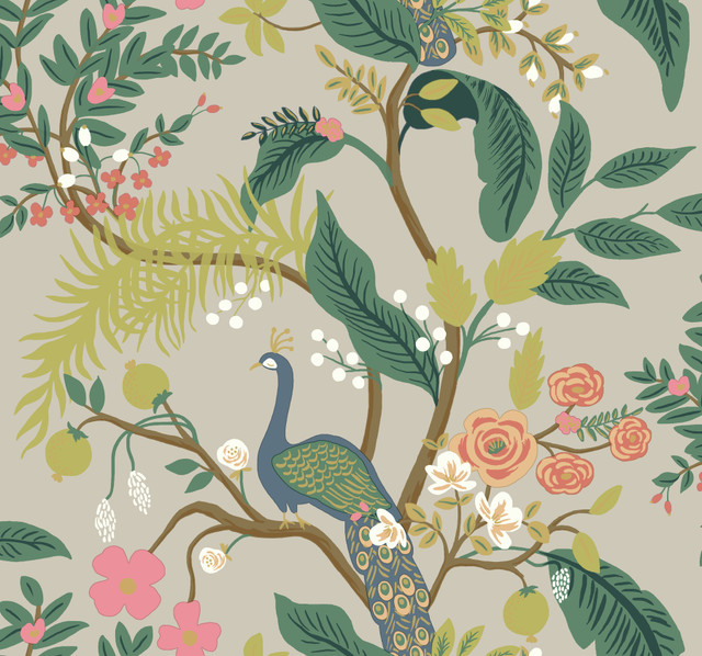 Peacock Linen Wallpaper by Rifle Paper Co. Designer Rifle Paper Co. Covers about 60.8 square feet 27-in by 27-ft long roll Unpasted 25.25 - Swanky Fabrics -