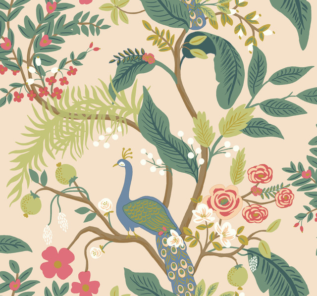 Peacock Light Pink Wallpaper by Rifle Paper Co. Designer Rifle Paper Co. Covers about 60.8 square feet 27-in by 27-ft long roll Unpasted 25.25 - Swanky Fabrics -