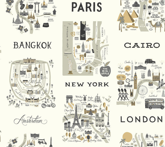 City Maps Grey & Gold Wallpaper by Rifle Paper Co. Designer Rifle Paper Co. Covers about 60.8 square feet 27-in by 27-ft long roll Unpasted 24 - Swanky Fabrics -
