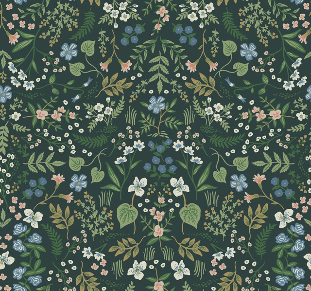 Wildwood Hunter Green Wallpaper by Rifle Paper Co. Designer Rifle Paper Co. Covers about 60.8 square feet 27-in by 27-ft long roll Unpasted 25.25 - Swanky Fabrics -