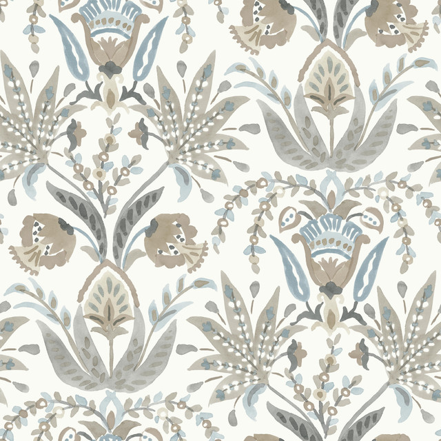 Seaside Jacobean Taupe & Blue Wallpaper by York Wallcoverings Designer Beige & Neutrals Covers about 56.4 square feet 20.5-in by 33-ft long roll Prepasted 20.5 - Swanky Fabrics - Seaside Jacobean Taupe & Blue Wallpaper by York Wallcoverings Designer Beige & Neutrals Covers about 56.4 square feet 20.5-in by 33-ft long roll Prepasted 20.5 - Swanky Fabrics -