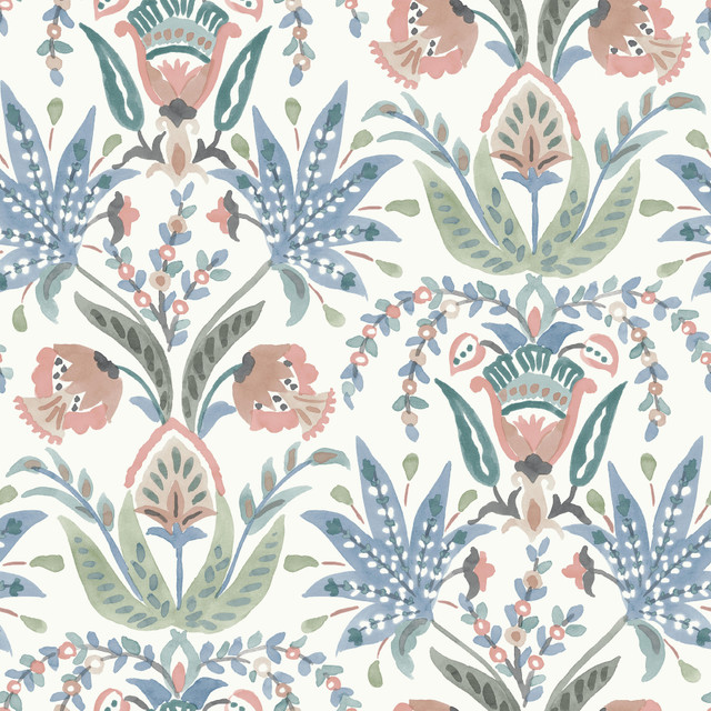 Seaside Jacobean Pink & Blue Wallpaper by York Wallcoverings Designer Earthy Tones Covers about 56.4 square feet 20.5-in by 33-ft long roll Prepasted 20.5 - Swanky Fabrics - Seaside Jacobean Pink & Blue Wallpaper by York Wallcoverings Designer Earthy Tones Covers about 56.4 square feet 20.5-in by 33-ft long roll Prepasted 20.5 - Swanky Fabrics -