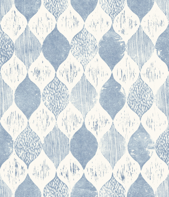 Woodblock Blue Wallpaper by Magnolia Home Designer Magnolia Home Vol. II Covers about 56.4 square feet 20.5-in by 33-ft long roll Prepasted 24 - Swanky Fabrics -