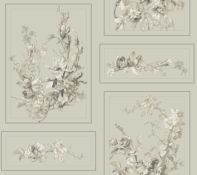 The Magnolia Brown & Grey Wallpaper by Magnolia Home Designer Magnolia Home Covers about 60.8 square feet 27-in by 27-ft long roll Prepasted 24 - Swanky Fabrics - The Magnolia Brown & Grey Wallpaper by Magnolia Home Designer Magnolia Home Covers about 60.8 square feet 27-in by 27-ft long roll Prepasted 24 - Swanky Fabrics -