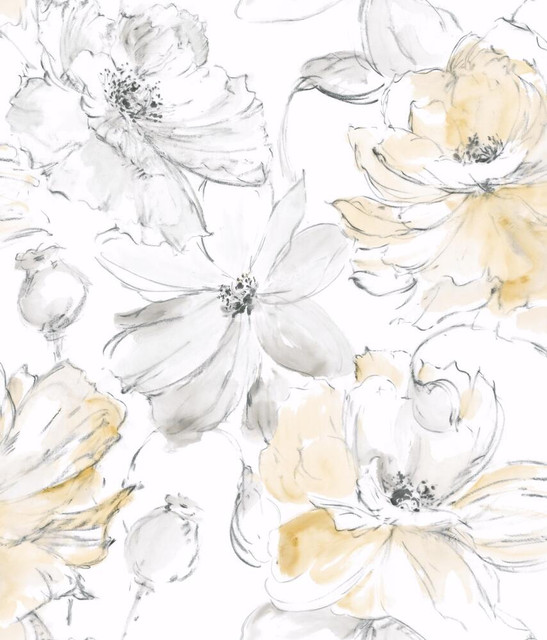 Floral Dreams Yellow Wallpaper by York Wallcoverings Designer Impressionist Covers about 56.4 square feet 20.5-in by 33-ft long roll Unpasted 24 - Swanky Fabrics -