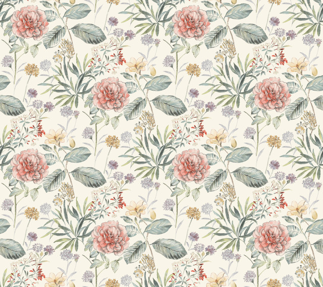 Midsummer Floral Coral Wallpaper by York Wallcoverings Designer Earthy Tones Covers about 60.8 square feet 27-in by 27-ft long roll Prepasted 24 - Swanky Fabrics - Midsummer Floral Coral Wallpaper by York Wallcoverings Designer Earthy Tones Covers about 60.8 square feet 27-in by 27-ft long roll Prepasted 24 - Swanky Fabrics -