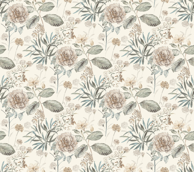 Midsummer Floral Beige & Green Wallpaper by York Wallcoverings Designer Earthy Tones Covers about 60.8 square feet 27-in by 27-ft long roll Prepasted 24 - Swanky Fabrics - Midsummer Floral Beige & Green Wallpaper by York Wallcoverings Designer Earthy Tones Covers about 60.8 square feet 27-in by 27-ft long roll Prepasted 24 - Swanky Fabrics -
