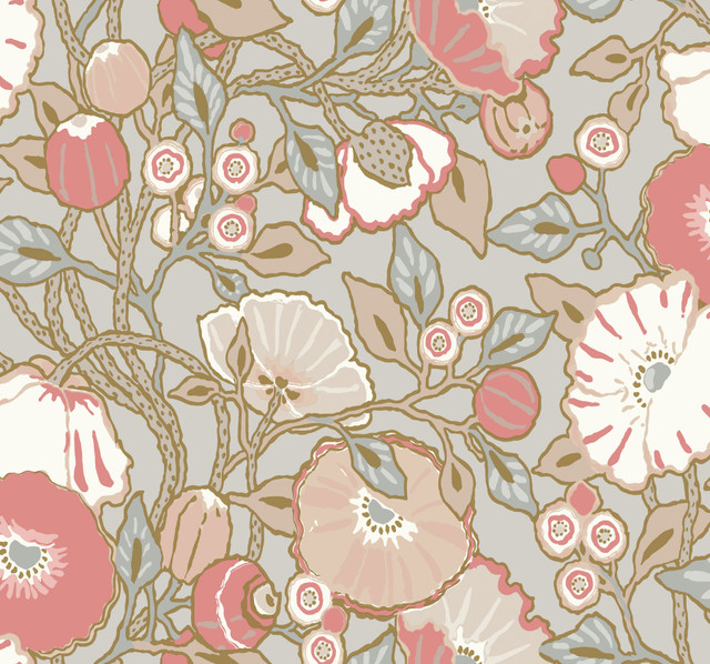 Poppies Grey & Pink Metallic Wallpaper by York Wallcoverings Designer Greenhouse Covers about 60.8 square feet 27-in by 27-ft long roll Prepasted 25.25 - Swanky Fabrics - Poppies Grey & Pink Metallic Wallpaper by York Wallcoverings Designer Greenhouse Covers about 60.8 square feet 27-in by 27-ft long roll Prepasted 25.25 - Swanky Fabrics -