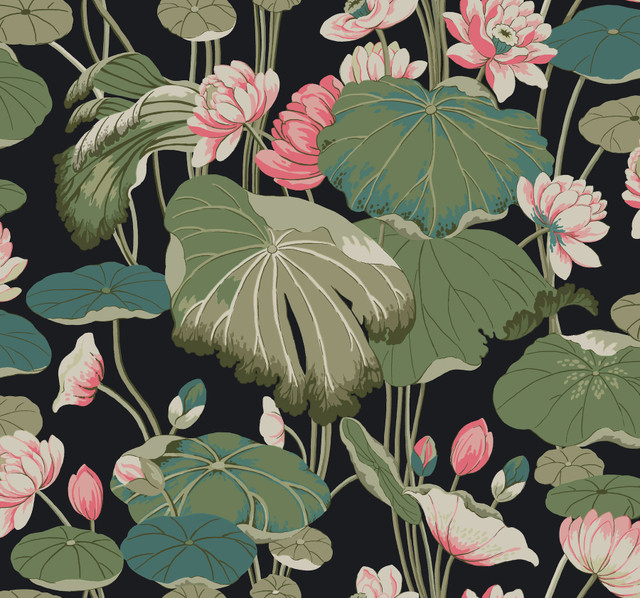 Lotus Pond Black & Pink Wallpaper by York Wallcoverings Designer Greenhouse Covers about 60.8 square feet 27-in by 27-ft long roll Prepasted 25.25 - Swanky Fabrics - Lotus Pond Black & Pink Wallpaper by York Wallcoverings Designer Greenhouse Covers about 60.8 square feet 27-in by 27-ft long roll Prepasted 25.25 - Swanky Fabrics -
