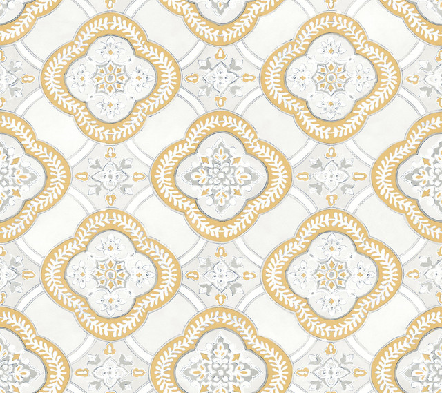 Garden Trellis Ochre Wallpaper by York Wallcoverings Designer Greenhouse Covers about 60.8 square feet 27-in by 27-ft long roll Prepasted 24 - Swanky Fabrics -