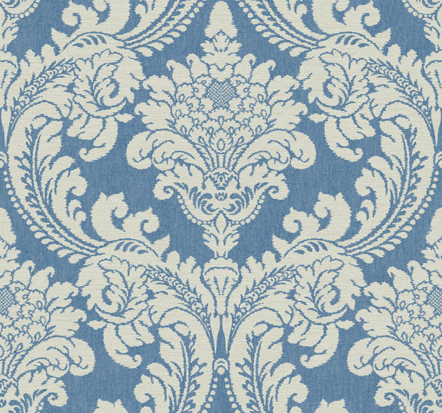 Tapestry Damask Blue Wallpaper by York Wallcoverings Designer Grandmillennial Covers about 60.8 square feet 27-in by 27-ft long roll Prepasted 25.25 - Swanky Fabrics -