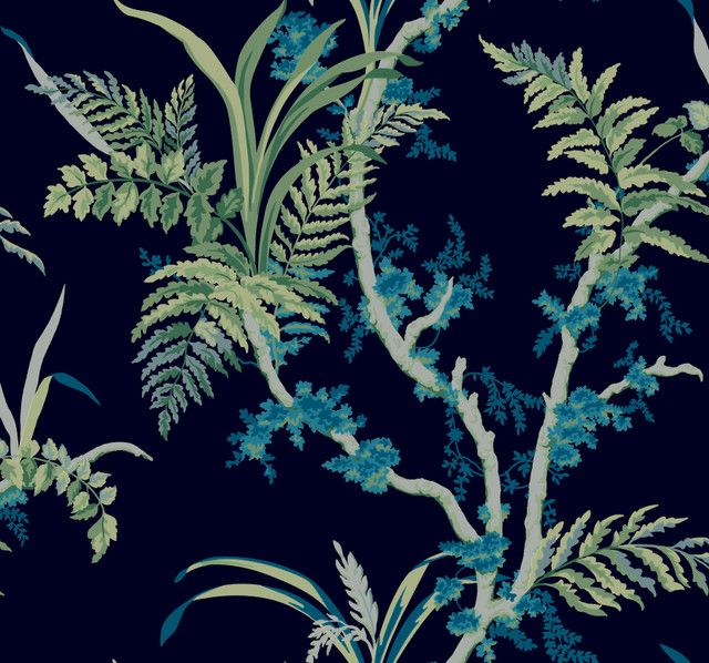 Enchanted Fern Navy & Green Wallpaper by York Wallcoverings Designer Grandmillennial Covers about 60.8 square feet 27-in by 27-ft long roll Prepasted 25.25 - Swanky Fabrics - Enchanted Fern Navy & Green Wallpaper by York Wallcoverings Designer Grandmillennial Covers about 60.8 square feet 27-in by 27-ft long roll Prepasted 25.25 - Swanky Fabrics -