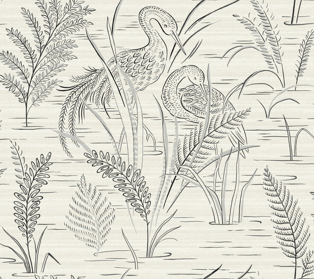 Fernwater Cranes Black & Grey Wallpaper by York Wallcoverings Designer Grandmillennial Covers about 60.8 square feet 27-in by 27-ft long roll Prepasted 24 - Swanky Fabrics - Fernwater Cranes Black & Grey Wallpaper by York Wallcoverings Designer Grandmillennial Covers about 60.8 square feet 27-in by 27-ft long roll Prepasted 24 - Swanky Fabrics -
