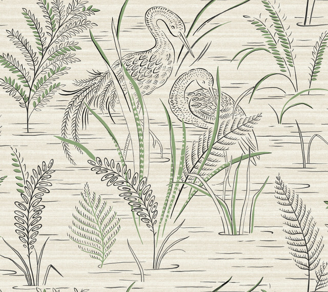 Fernwater Cranes Black & Green Wallpaper by York Wallcoverings Designer Grandmillennial Covers about 60.8 square feet 27-in by 27-ft long roll Prepasted 24 - Swanky Fabrics - Fernwater Cranes Black & Green Wallpaper by York Wallcoverings Designer Grandmillennial Covers about 60.8 square feet 27-in by 27-ft long roll Prepasted 24 - Swanky Fabrics -