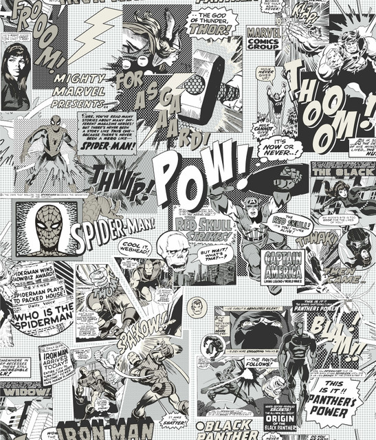 Marvel Comics Pow! Black & White Wallpaper by York Wallcoverings Designer Disney Kids Vol. 4 Covers about 56.4 square feet 20.5-in by 33-ft long roll Unpasted 24 - Swanky Fabrics - Marvel Comics Pow! Black & White Wallpaper by York Wallcoverings Designer Disney Kids Vol. 4 Covers about 56.4 square feet 20.5-in by 33-ft long roll Unpasted 24 - Swanky Fabrics -