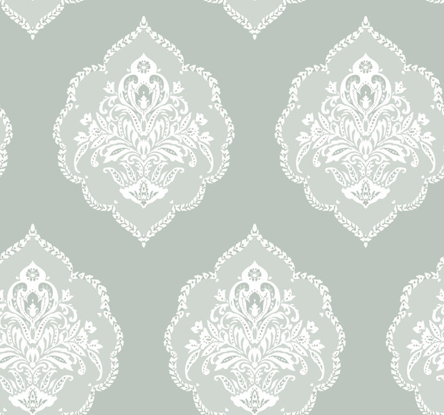 Signet Medallion Damask Green Wallpaper by York Wallcoverings Designer Earthy Tones Covers about 60.8 square feet 27-in by 27-ft long roll Prepasted 25.25 - Swanky Fabrics -