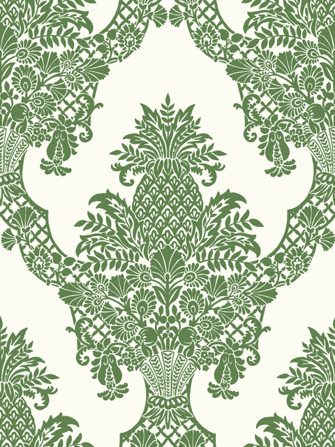 Pineapple Plantation Green & White Wallpaper by York Wallcoverings Designer Damask Resource Library Covers about 60.8 square feet 27-in by 27-ft long roll Prepasted 36 - Swanky Fabrics - Pineapple Plantation Green & White Wallpaper by York Wallcoverings Designer Damask Resource Library Covers about 60.8 square feet 27-in by 27-ft long roll Prepasted 36 - Swanky Fabrics -