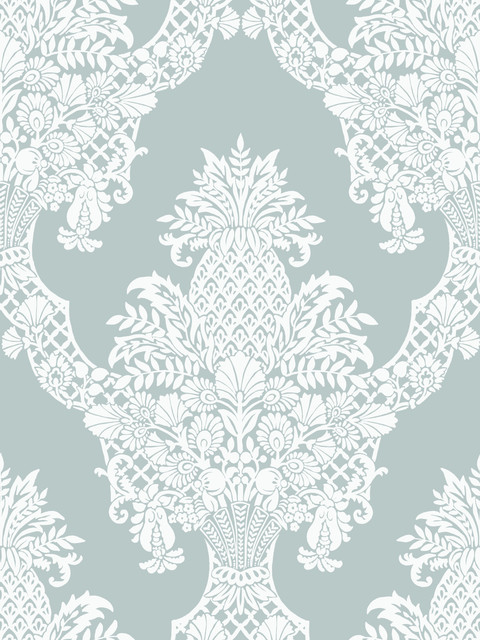 Pineapple Plantation Blue Wallpaper by York Wallcoverings Designer Damask Resource Library Covers about 60.8 square feet 27-in by 27-ft long roll Prepasted 36 - Swanky Fabrics -