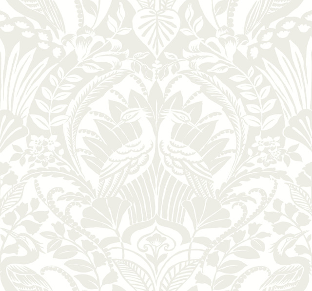 Egret Damask White & Cream Wallpaper by Inspired by Color Designer Black & White Resource Library Covers about 60.8 square feet 27-in by 27-ft long roll Prepasted 25.25 - Swanky Fabrics -